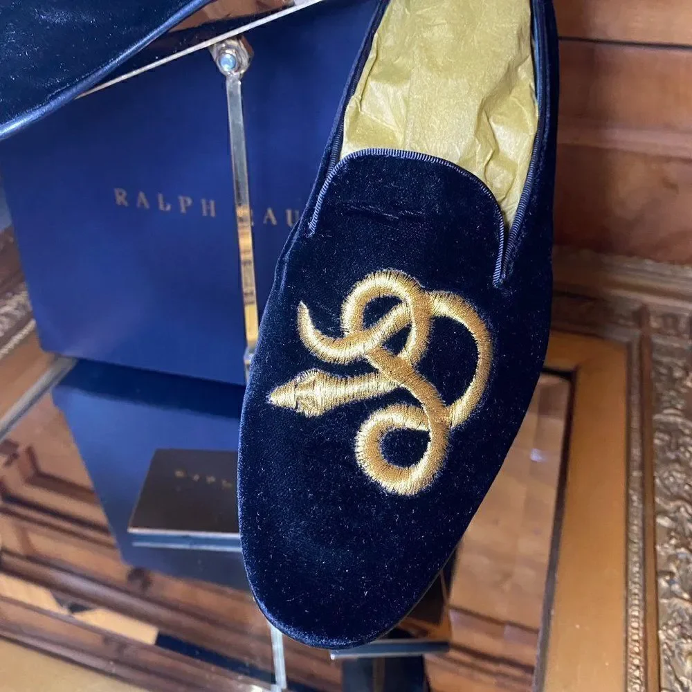 Ralph Lauren Collection Black Velvet Gold Bullion Embroidered Snake Slipper